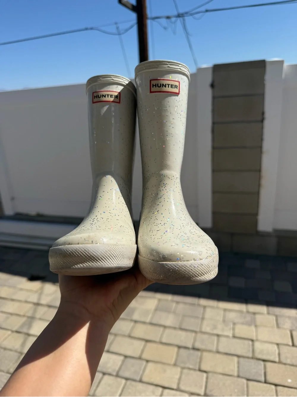Hunter Kids Glitter Rain Boots - Cream with Multicolor Sparkle